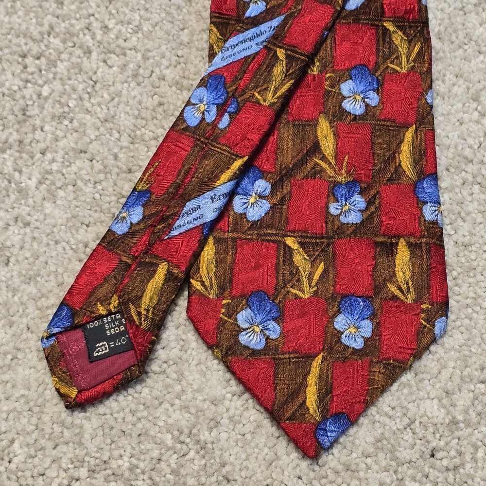Ermenegildo Zegna Silk Tie Red Brown Plaid Floral Blue Italy Luxury Necktie